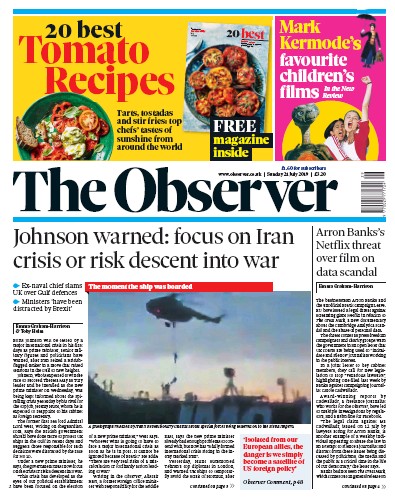 The Observer Newspaper Front Page for 21 July 2019