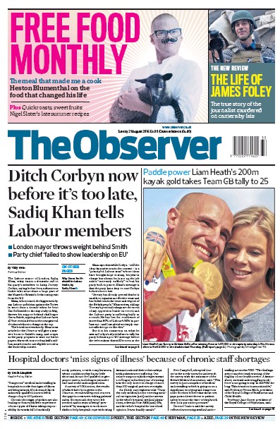 The Observer (UK) Newspaper Front Page for 21 August 2016