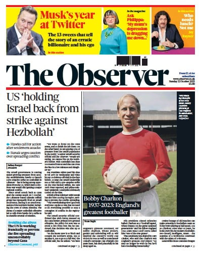 The Observer (UK) Newspaper Front Page for 22 October 2023