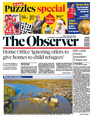 The Observer (UK) Newspaper Front Page for 22 December 2019