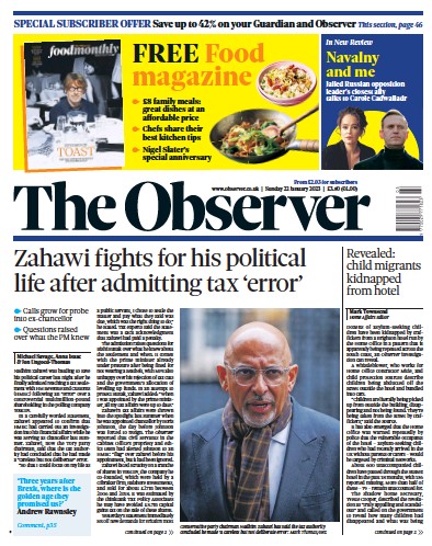 The Observer (UK) Newspaper Front Page for 22 January 2023