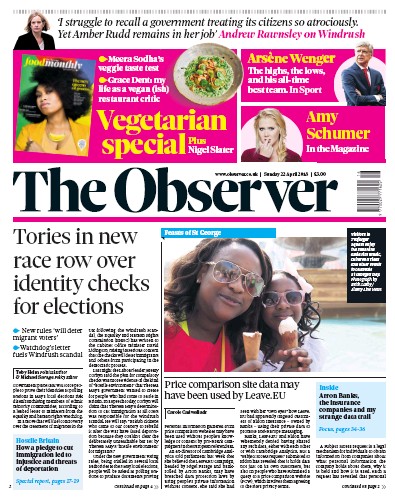 The Observer Newspaper Front Page for 22 April 2018