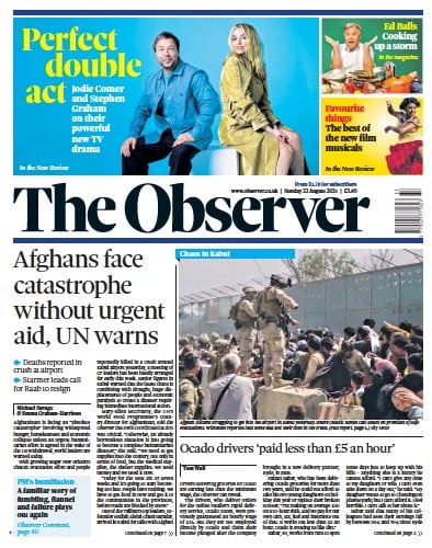 The Observer (UK) Newspaper Front Page for 22 August 2021