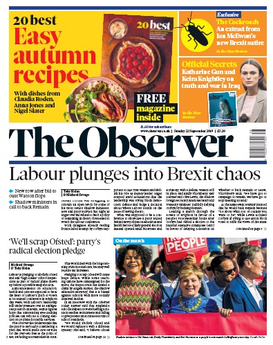 The Observer Newspaper Front Page for 22 September 2019