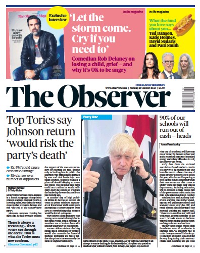 The Observer (UK) Newspaper Front Page for 23 October 2022