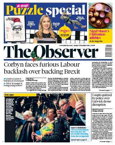 The Observer Newspaper Front Page for 23 December 2018
