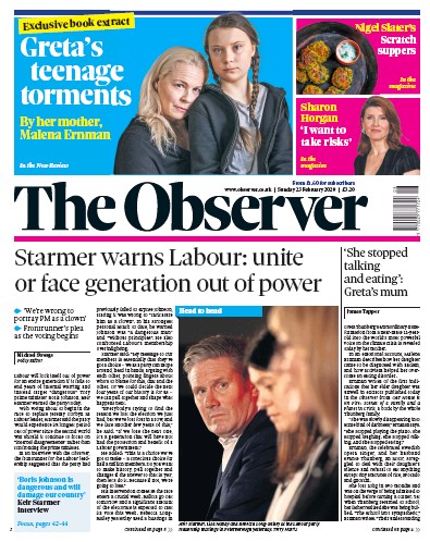 The Observer Newspaper Front Page for 23 February 2020