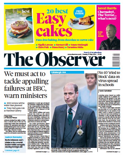 The Observer (UK) Newspaper Front Page for 23 May 2021