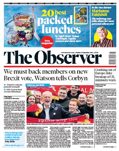 The Observer Newspaper Front Page for 23 September 2018
