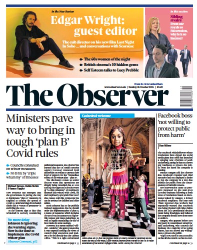 The Observer (UK) Newspaper Front Page for 24 October 2021