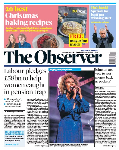 The Observer Newspaper Front Page for 24 November 2019