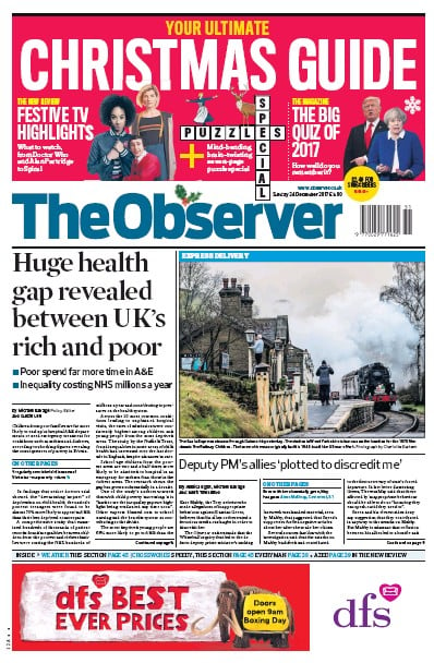 The Observer (UK) Newspaper Front Page for 24 December 2017