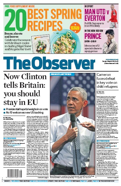 The Observer Newspaper Front Page for 24 April 2016