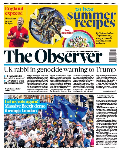 The Observer Newspaper Front Page for 24 June 2018