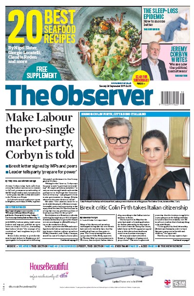 The Observer (UK) Newspaper Front Page for 24 September 2017