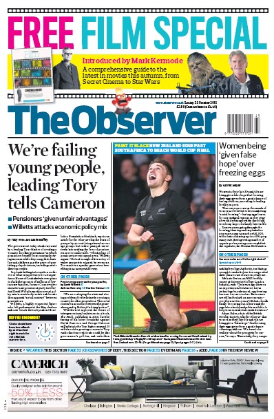 The Observer Newspaper Front Page for 25 October 2015