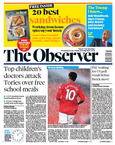 The Observer Newspaper Front Page for 25 October 2020