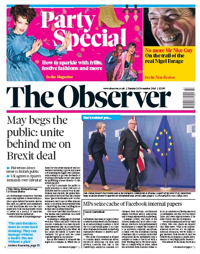 The Observer Newspaper Front Page for 25 November 2018