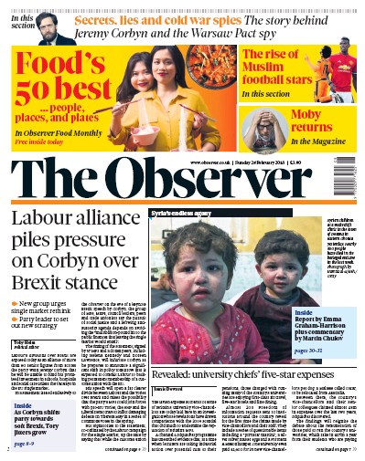 The Observer (UK) Newspaper Front Page for 25 February 2018