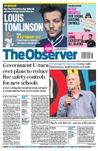 The Observer Newspaper Front Page for 25 June 2017