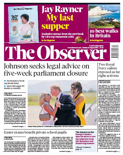 The Observer Newspaper Front Page for 25 August 2019