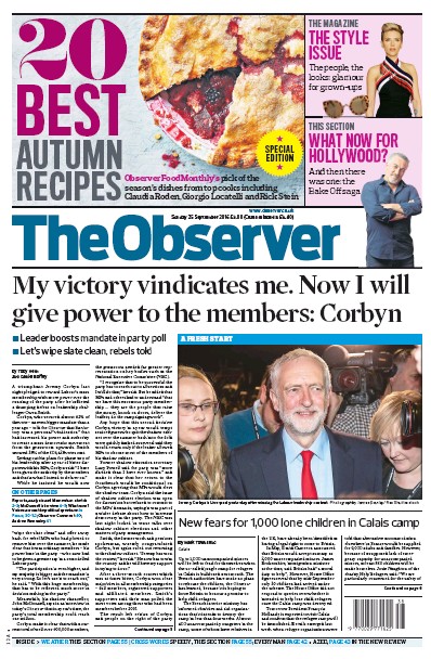 The Observer Newspaper Front Page for 25 September 2016