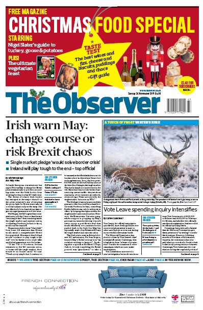 The Observer (UK) Newspaper Front Page for 26 November 2017
