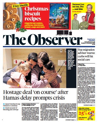 The Observer (UK) Newspaper Front Page for 26 November 2023