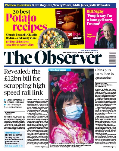 The Observer Newspaper Front Page for 26 January 2020