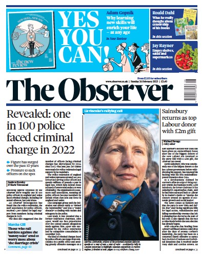The Observer (UK) Newspaper Front Page for 26 February 2023