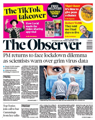 The Observer Newspaper Front Page for 26 April 2020