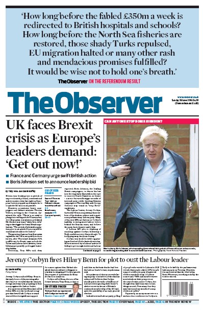 The Observer Newspaper Front Page for 26 June 2016