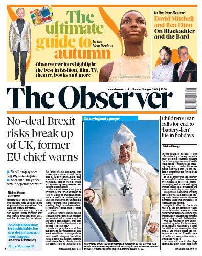 The Observer (UK) Newspaper Front Page for 26 August 2018