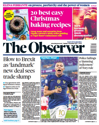 The Observer (UK) Newspaper Front Page for 27 November 2022