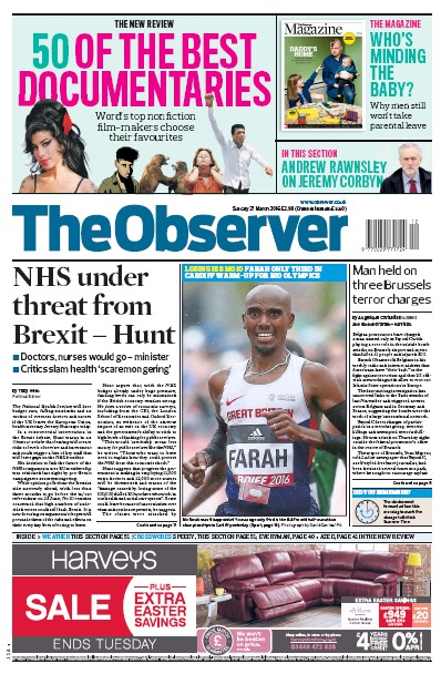 The Observer (UK) Newspaper Front Page for 27 March 2016