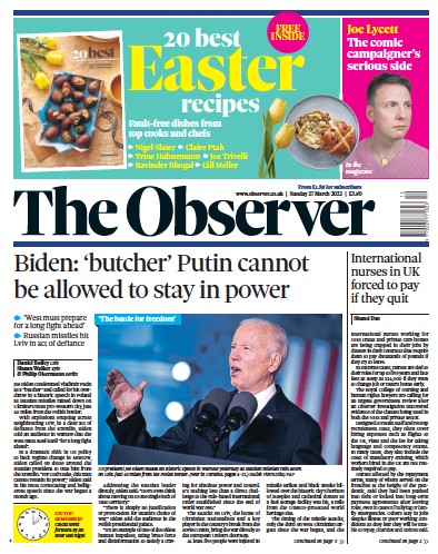 The Observer Newspaper Front Page for 27 March 2022