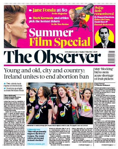 The Observer Newspaper Front Page for 27 May 2018