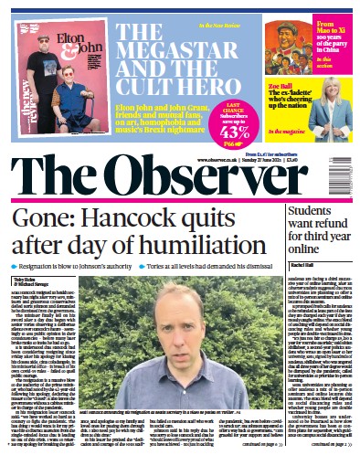 The Observer (UK) Newspaper Front Page for 27 June 2021