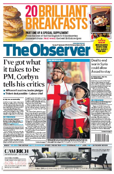 The Observer Newspaper Front Page for 27 September 2015