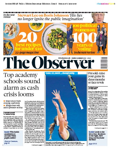 The Observer (UK) Newspaper Front Page for 28 January 2018
