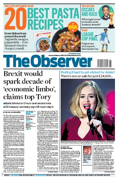The Observer Newspaper Front Page for 28 February 2016
