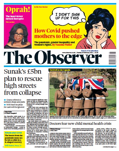 The Observer (UK) Newspaper Front Page for 28 February 2021