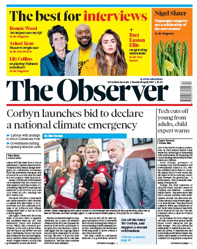 The Observer Newspaper Front Page for 28 April 2019