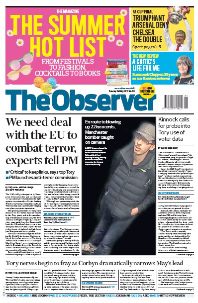 The Observer (UK) Newspaper Front Page for 28 May 2017