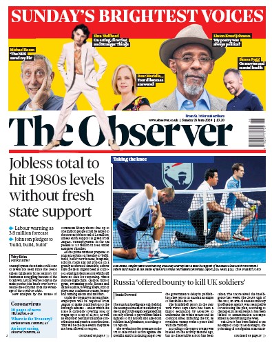 The Observer Newspaper Front Page for 28 June 2020