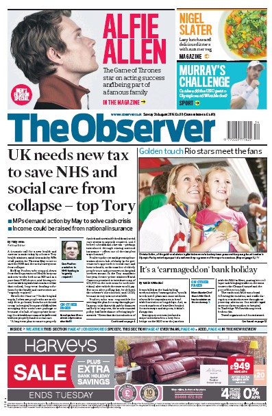 The Observer (UK) Newspaper Front Page for 28 August 2016
