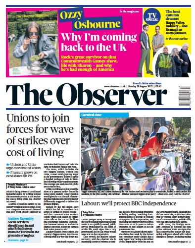 The Observer (UK) Newspaper Front Page for 28 August 2022