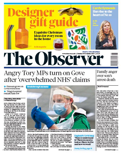 The Observer Newspaper Front Page for 29 November 2020