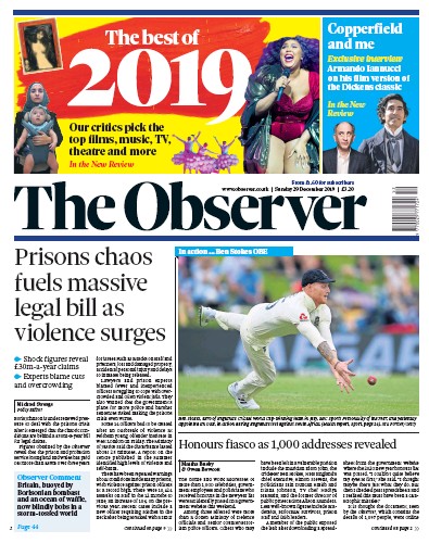 The Observer Newspaper Front Page for 29 December 2019