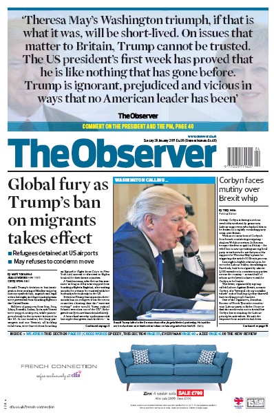 The Observer Newspaper Front Page for 29 January 2017